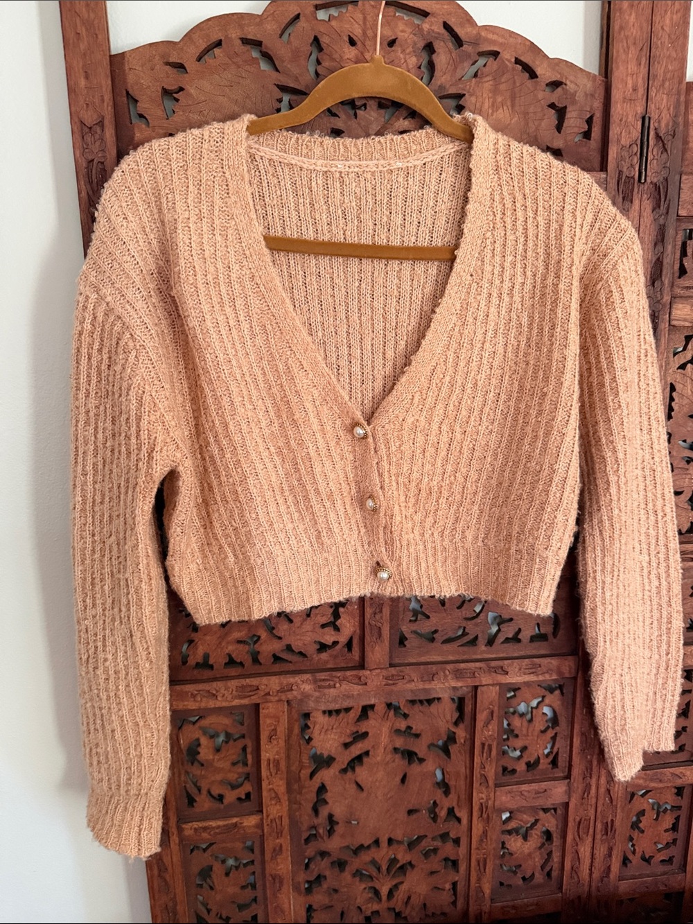 Cozy V-Neck Cropped Cardigan Sweater - Peach with pearl buttons